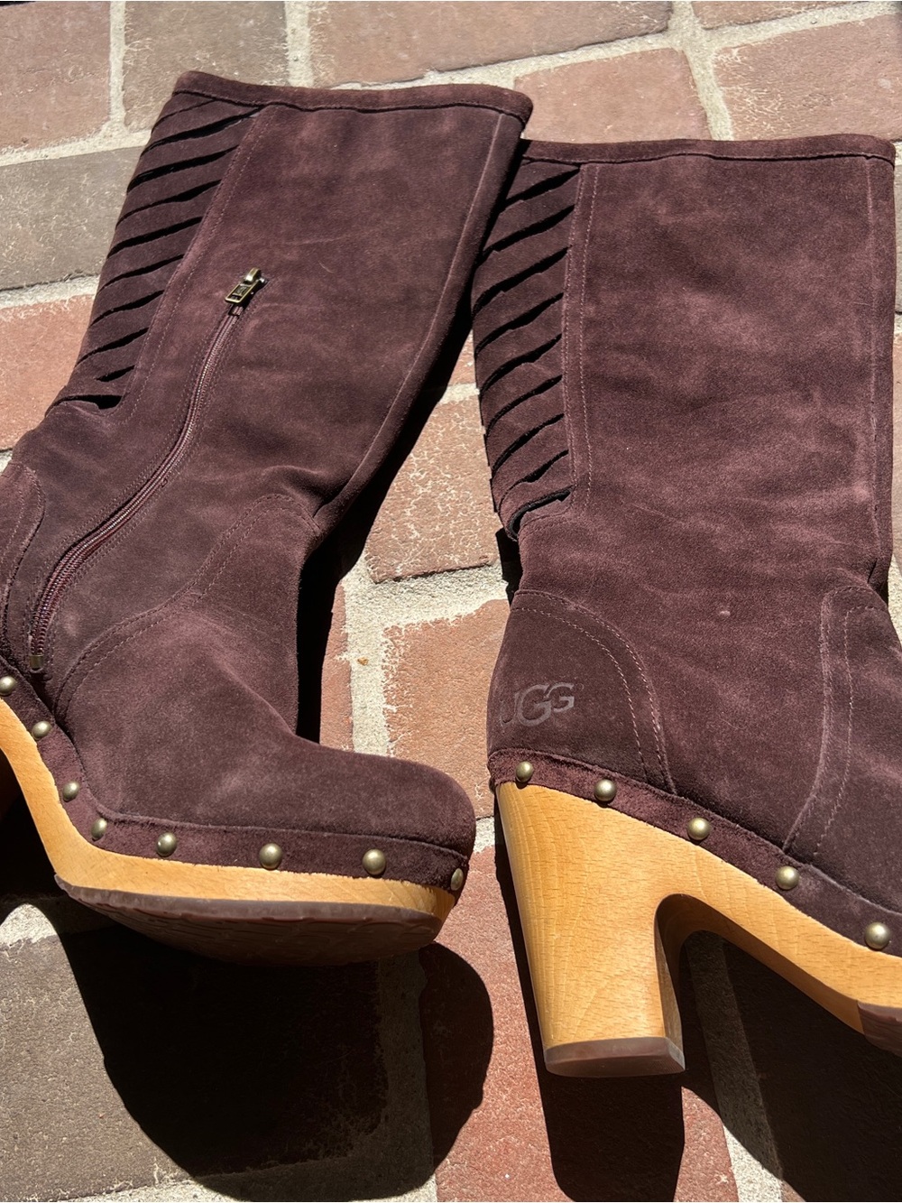 UGG Dark Brown Suede Studded Clog Tall Boots